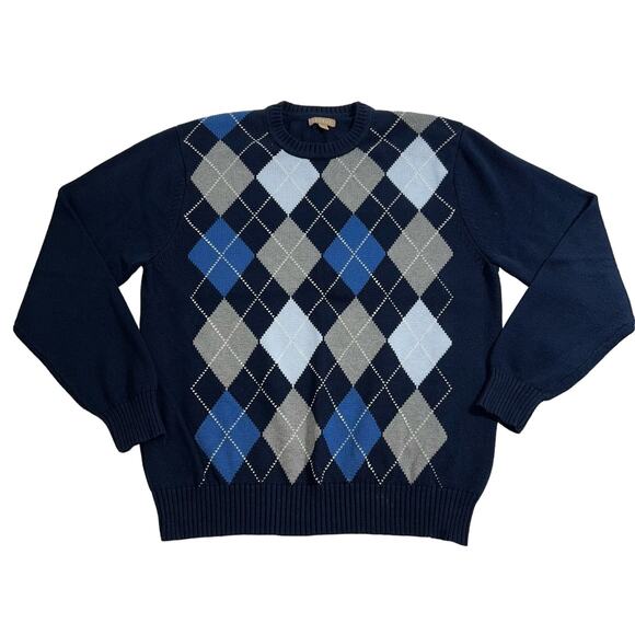 George Mens Argyle Sweater V Neck Pullover Long Sleeve Knit Blue Gray Large - Picture 1 of 8